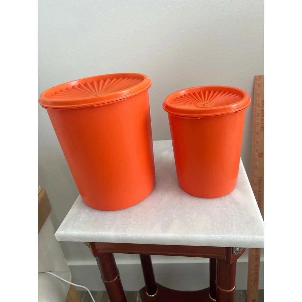 Vintage Tupperware Orange Servalier Canister Set Flour Brown Sugar Sunburst Lids